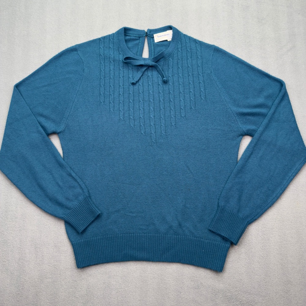 Vintage Talbott Sweater Size Medium Teal Blue Acrylic Cable Knit Bow Top